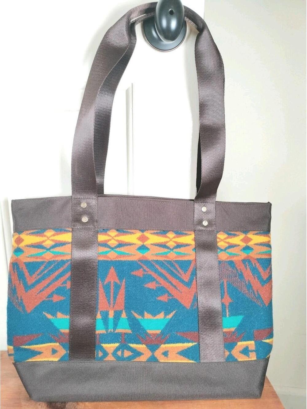 Pendleton Chief Joseph Wool Snap Tote Bag Turquoise Brown Southwest Aztec Boho
